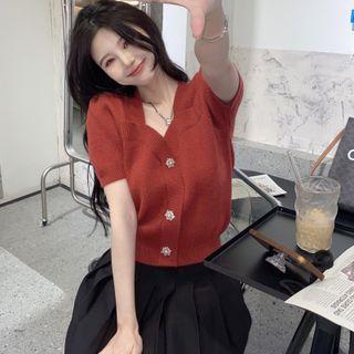 Short-sleeve Rhinestone-accent Knit Top / Pleated Mini A-line Skirt