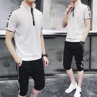 Set: Short-sleeve Lettering T-shirt + Contrast-trim Shorts