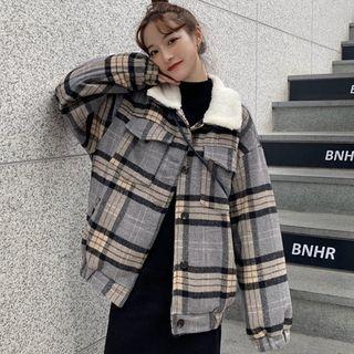 Oversize Lambswool Panel Woolen Plaid Coat