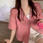 Short-sleeve Button-up Tweed Jacket Pink - One Size
