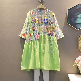 Short-sleeve Lettering Panel Irregular Dress As Shown In Figure - One Size