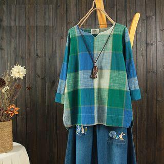 Gingham Slit Long-sleeve Top