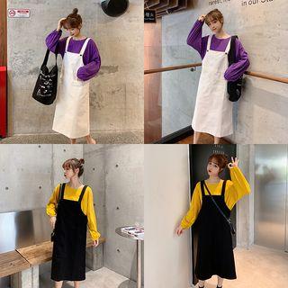 Set: Plain Lantern-sleeve T-shirt + Midi Jumper Dress
