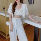 Short-sleeve Crop Blazer / Bow-back Camisole Top / Wide Leg Pants