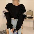 Elbow-cutout Cropped Pullover Black - One Size