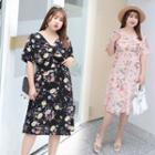 Short-sleeve Floral Print Drawstring Front A-line Dress