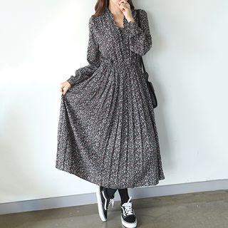 Frill-trim Gathered-waist Long Floral Dress