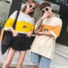 Couple Matching Color Block Cat Print Elbow-sleeve T-shirt