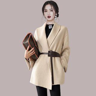 Long-sleeve Plain Woolen Lace-up Coat