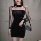 Mesh Panel Long-sleeve Mini Sheath Velvet Dress Black - One Size