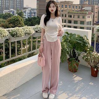 Puff-sleeve Drawstring T-shirt / Wide Leg Pants