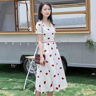 Lace Trim Strawberry Embroidered Short-sleeve Midi A-line Dress