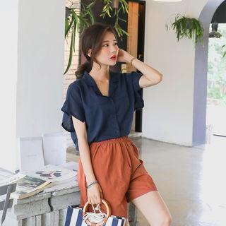 Notched-collar Cap-sleeve Shirt