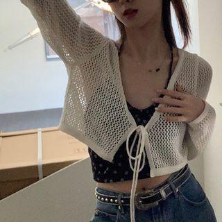 Pointelle Knit Tie-front Cropped Cardigan