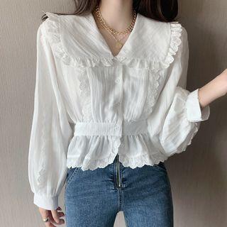 Lantern-sleeve Lace Trim Blouse / Button Cardigan