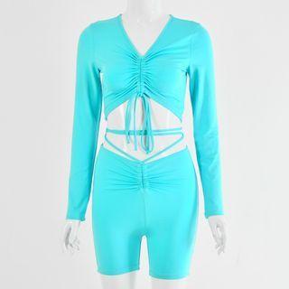 Set: Long-sleeve Drawstring Crop Top + Fitted Shorts