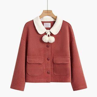 Contrast Collar Pom Pom Button Coat
