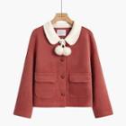 Contrast Collar Pom Pom Button Coat