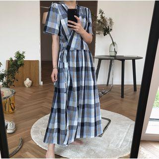 Short-sleeve Plaid Midi Wrap Dress As Shown In Figure - One Size