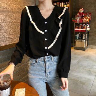 Long-sleeve Asymmetrical Ruffle Trim Blouse Black - One Size