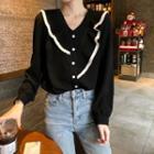 Long-sleeve Asymmetrical Ruffle Trim Blouse Black - One Size