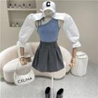 Set: Asymmetrical Camisole Top + Long-sleeve Crop Top + Mini A-line Skirt