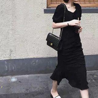 Puff-sleeve Square Neck Plain Mermaid Dress