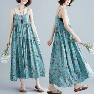 Spaghetti Strap Flower Print Midi A-line Dress Aqua Blue - One Size