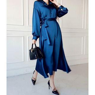 Shirtwaist Flared Long Satin Dress With Sash