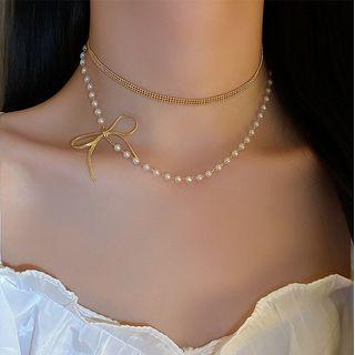 Bow Faux Pearl Layered Choker Necklace Gold - 38.2cm