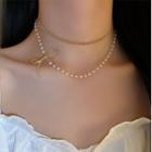 Bow Faux Pearl Layered Choker Necklace Gold - 38.2cm