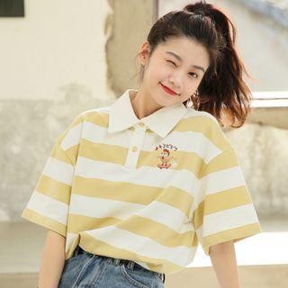 Short-sleeve Cartoon Embroidered Striped Polo Shirt