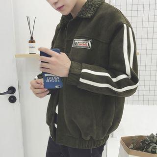 Fleece-collar Striped Jacket