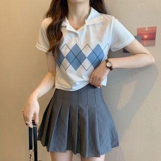Short-sleeve Collar Argyle T-shirt