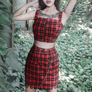 Set: Spaghetti Strap Plaid Zip-front Top + Straight-fit Skirt