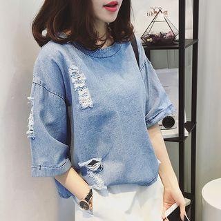 Distressed Elbow-sleeve Denim T-shirt