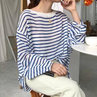 Striped Long-sleeve Sheer Knit Top