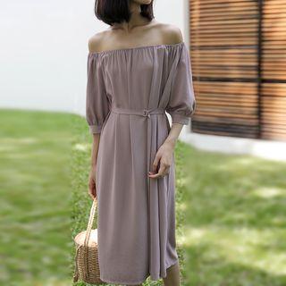 Off-shoulder Tie-waist 3/4-sleeve Dress