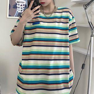 Elbow-sleeve Striped T-shirt Stripes - Blue & Green & Off-white - One Size