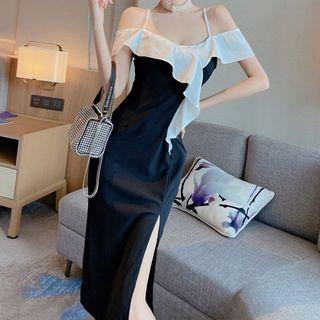 Cold-shoulder Ruffled Midi Sheath Dress
