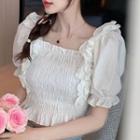 Puff-sleeve Off-shoulder Ruffled Shirred Crop Top