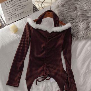 Long-sleeve Cold-shoulder Fluffy Trim T-shirt Coffee - One Size