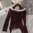 Long-sleeve Cold-shoulder Fluffy Trim T-shirt Coffee - One Size