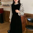 Long-sleeve Mock Two-piece Flower Print Midi Dress Black - One Size