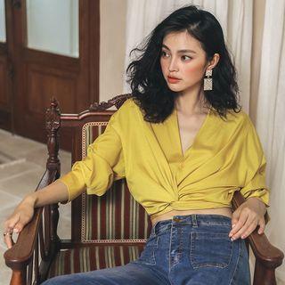 Lace-up Back Cropped Blouse Yellow - One Size
