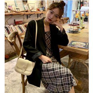 Plain Blazer / Strappy Plaid Midi A-line Dress