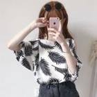 Elbow-sleeve Cold Shoulder Printed Chiffon Top