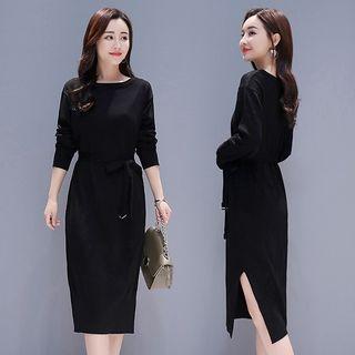 Long-sleeve Split Hem Knit Dress Black - One Size