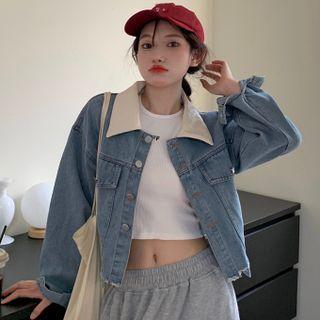 Long-sleeve Contrast Collar Frayed Denim Jacket
