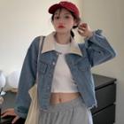 Long-sleeve Contrast Collar Frayed Denim Jacket